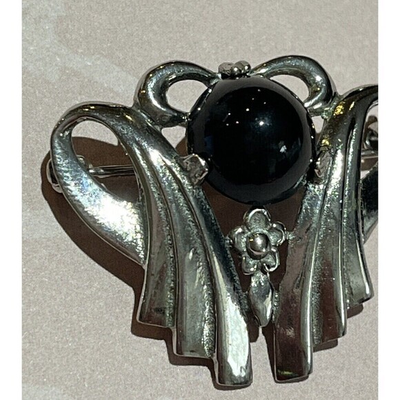 Vintage Brooch/Pin Sterling Victorian Goth Black Onyx Floral Art Deco Design - Picture 2 of 9